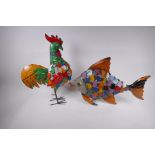 Two brightly painted metal figures, a cockerel, 28cm, and a fish