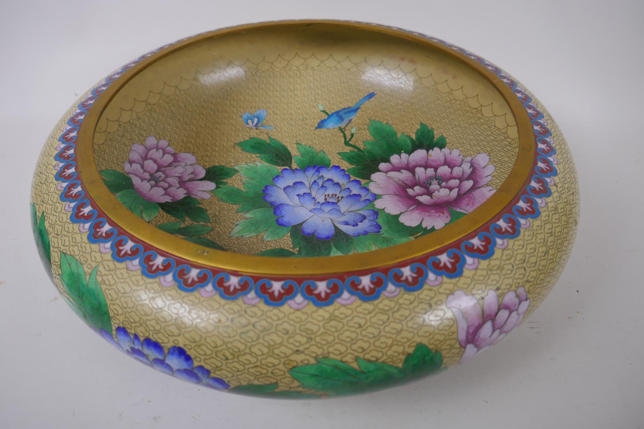 A large Jing Fa cloisonne fruit bowl decorated with chrysanthemums, 39cm diameter