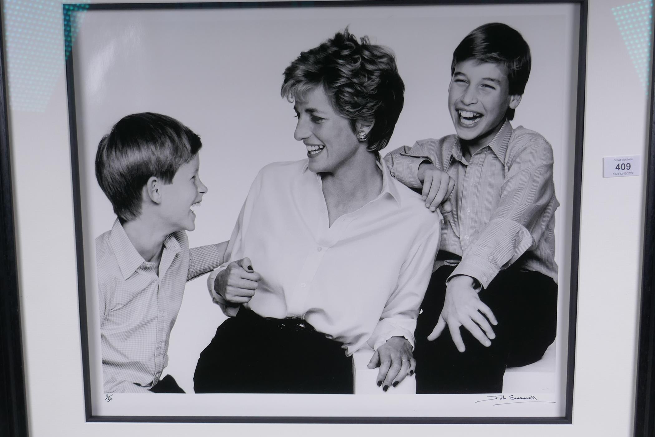 John Swannell, black and white photographic portrait of Princess Diana and the Princes, signed and - Image 2 of 5