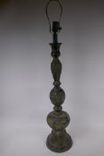 A Chinese bronze lamp base of waisted form, with chased decoration, 99cm high