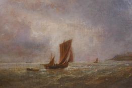 A C19th maritime scene with boats off the English coast, oil on canvas, 30 x 45cm