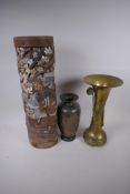 A Japanese Meiji bronze trumpet shaped vase with applied decoration, a bronze vase decorated with