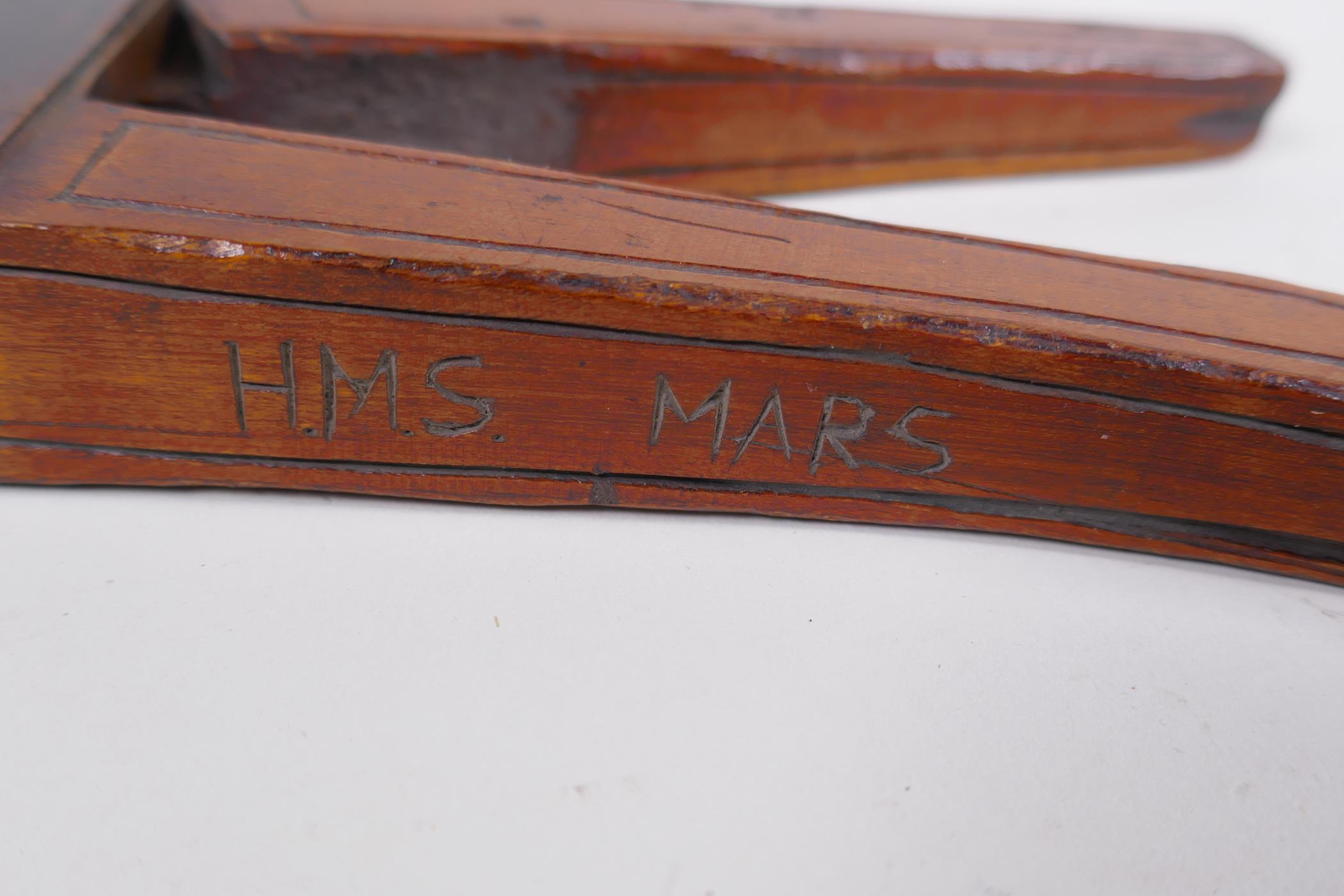 An antique walnut nut cracker with copper plates, inscribed, 19cm long - Image 3 of 5