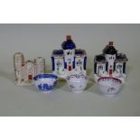 Three Staffordshire pastille burners, largest 18cm high, three C18th pearlware tea bowls