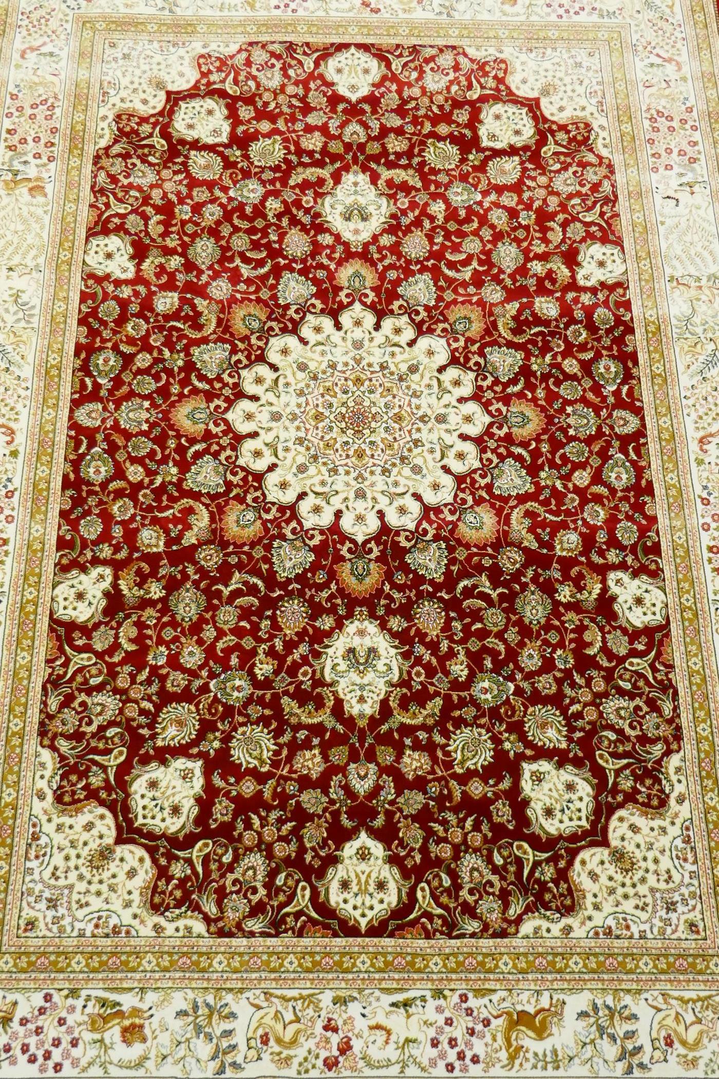 A Persian red ground full pile bamboo silk carpet with central floral medallion design and cream - Image 2 of 9