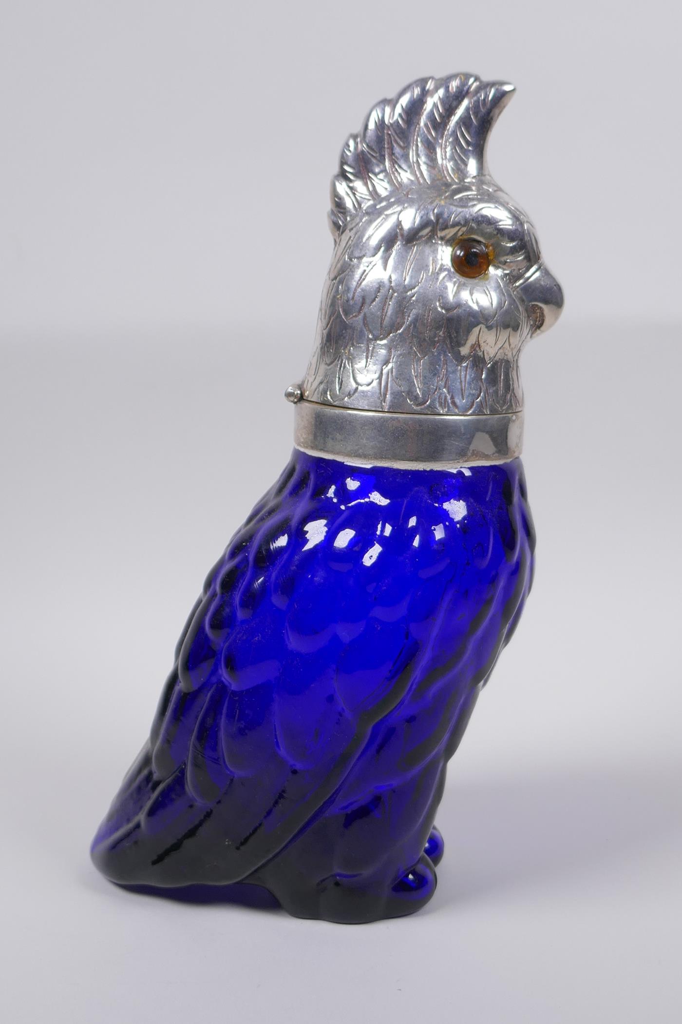 A blue glass and silver plated parrot shaped decanter, 24cm high, AF loose head - Image 4 of 5