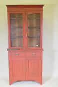 A Victorian painted oak bookcase with glazed top, 90 x 35cm, 200cm high