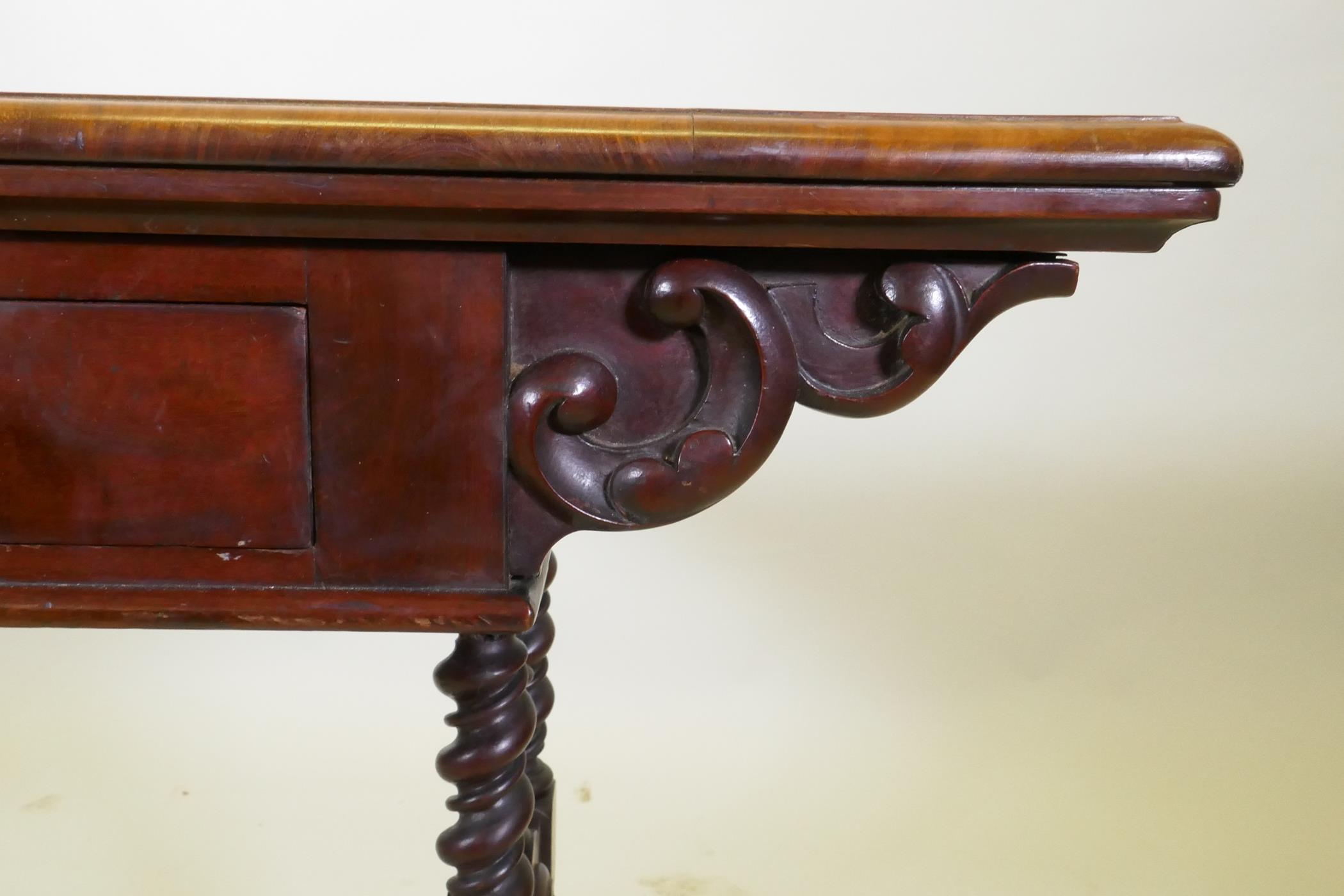 A C19th figured mahogany card table by Lamb of Manchester, with swivel and fold over top, baized - Image 9 of 11