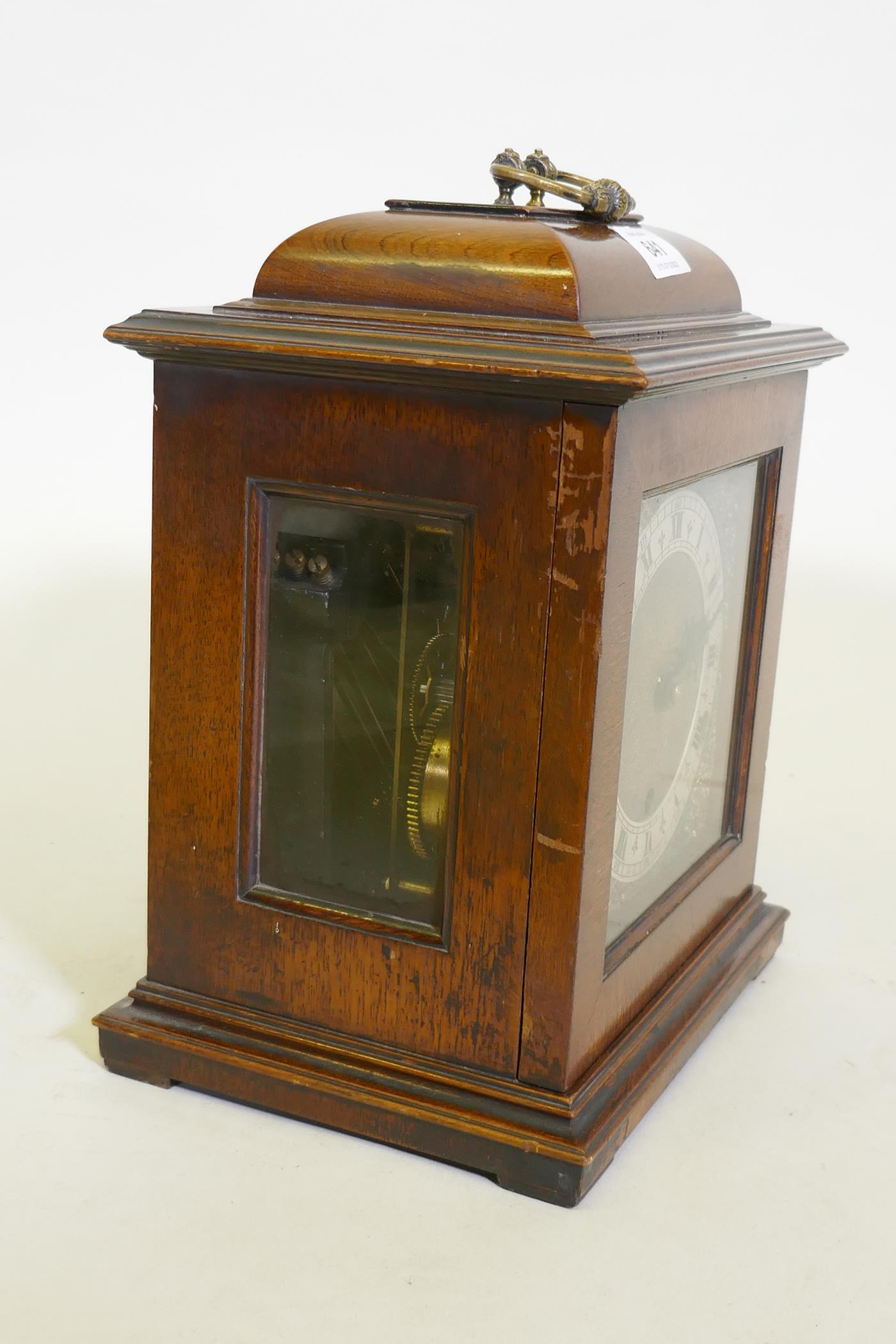 A mahogany case mantel clock with brass dial and silvered chapter ring, the Eight Day spring - Image 2 of 5