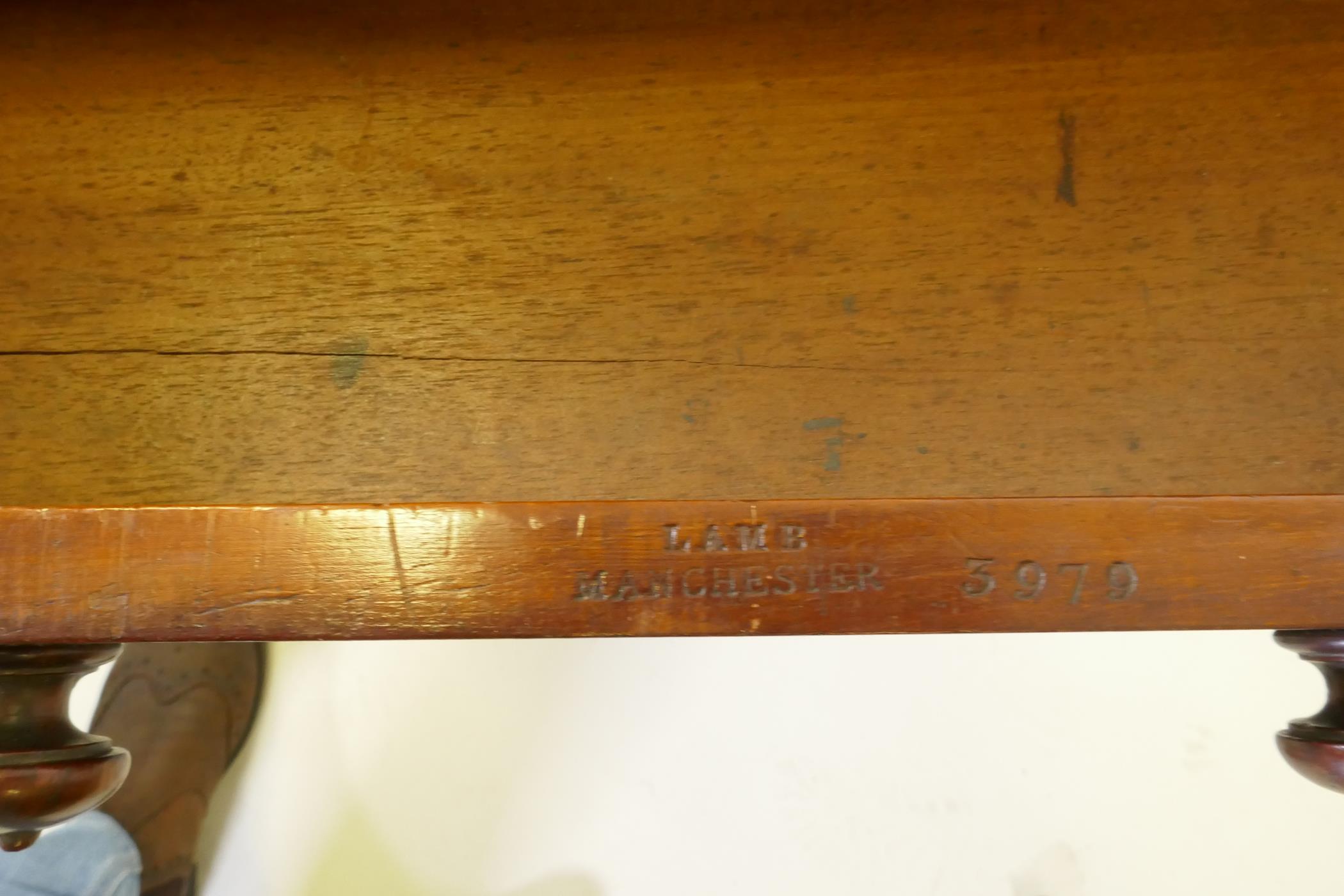 A C19th figured mahogany card table by Lamb of Manchester, with swivel and fold over top, baized - Image 4 of 11