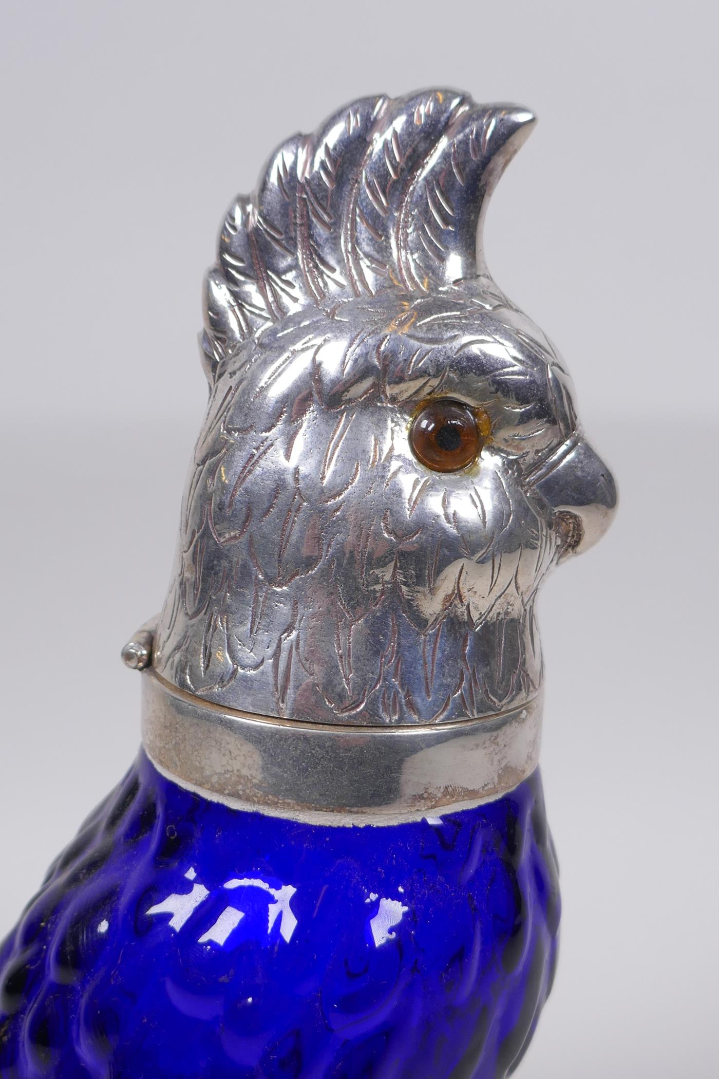 A blue glass and silver plated parrot shaped decanter, 24cm high, AF loose head - Image 5 of 5