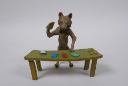 A cold painted bronze figure of croupier fox, in the manner of Bergman, 11cm wide
