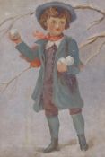 A late C19th/early C20th portrait of a boy with snowballs, oil on canvas, 25 x 31cm