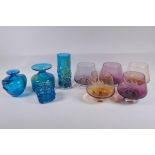 Four Mdina blue art glass vases, together with five Caithness anniversary glass bowls, largest 19cm