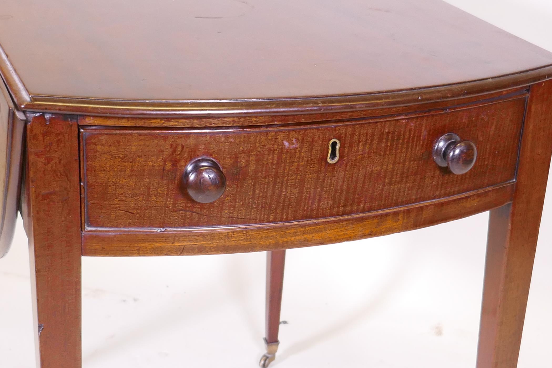 A George III mahogany Pembroke table with single drawer and bow ends, raised on square tapering - Image 2 of 7