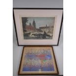 A litho-graph of a harbour scene, signed Prachensky?, and a Michael Blaker signed etching, town