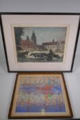 A litho-graph of a harbour scene, signed Prachensky?, and a Michael Blaker signed etching, town