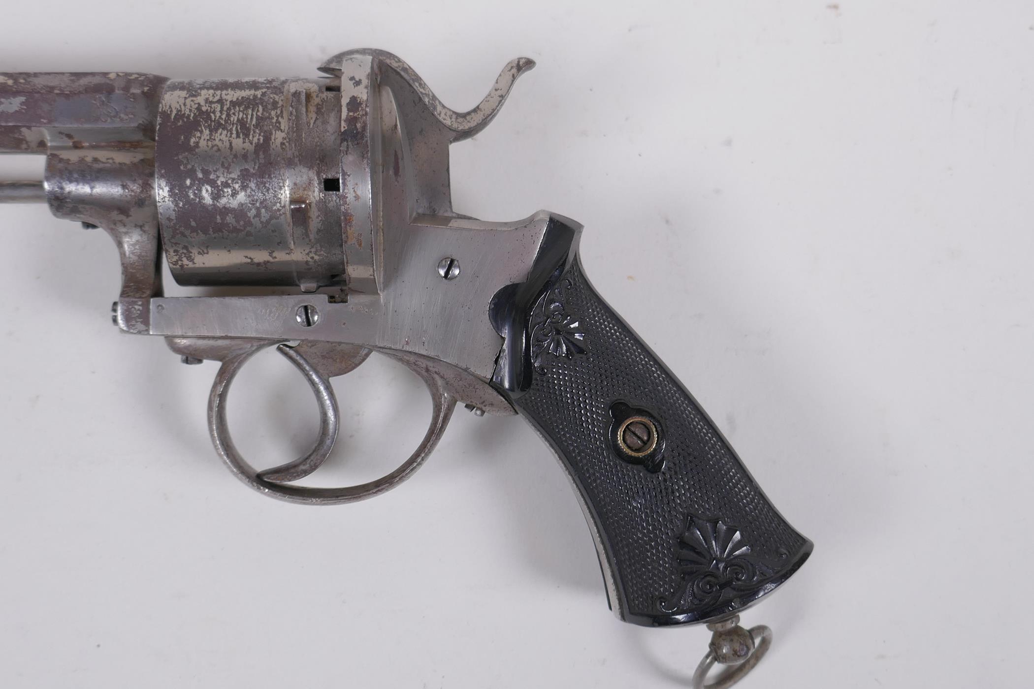 An antique Belgian six shot 10mm pin-fire revolver, c.1860, Liege proof mark to the barrel - Image 2 of 7