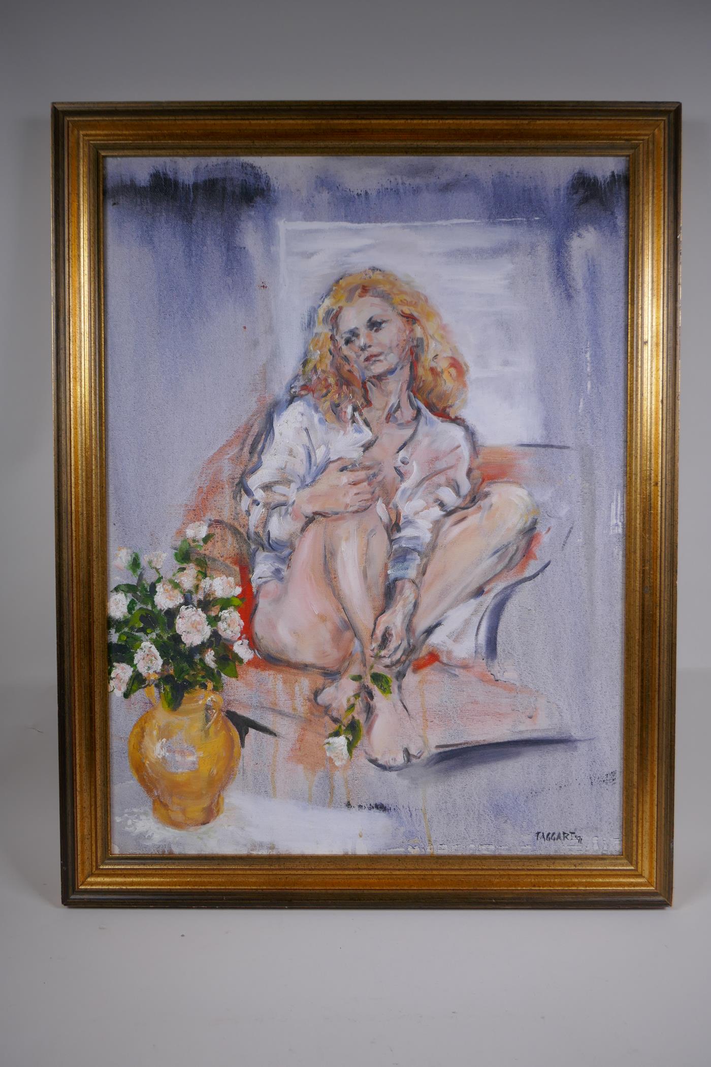 Elizabeth Taggart, (Irish, b.1943), portrait of a seated woman, oil on canvas, signed and dated - Image 2 of 3