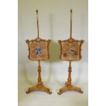 A pair of C19th bird's eye maple pole screens in the manner of Gillow, with carved and shaped