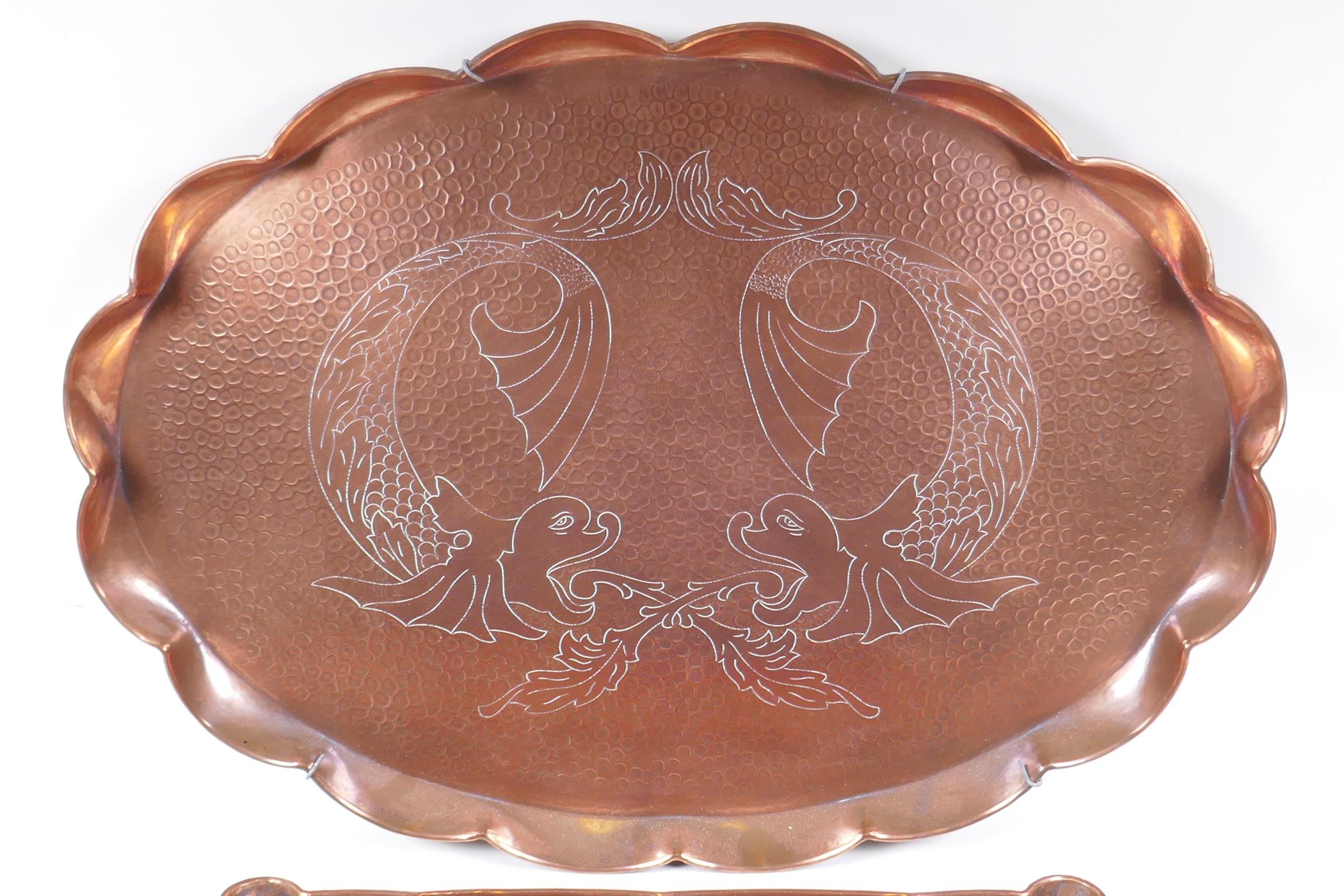 A Newlyn style hand made copper tray with dolphin decoration and another similar with Art Nouveau - Image 2 of 5