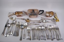 A silver plated three piece tea set and a quantity of silver plated flatware