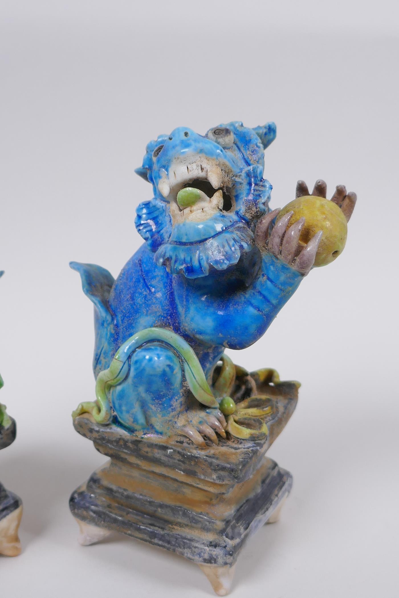 A pair of Chinese turquoise glazed porcelain figure of kylin, 14cm high - Image 2 of 5