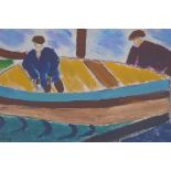 Two fishermen by a boat, signed de Belay, an unframed mixed media painting, 14.5 x 25cm