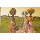 African landscape with figures, oil on canvas board, signed S.M. Smithyman, May '78, 61 x 50cm