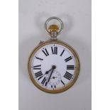 An antique Railwayman's pocket watch, the enamel dial with Roman numerals and a subsidiary seconds