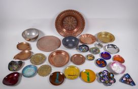 A large quantity of oriental metal wares including a bidri ware bowl, copper dishes, brass dishes