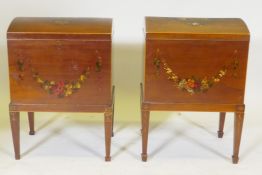 A pair of Sheraton Revival mahogany folio chests with painted decoration of garlands of flowers