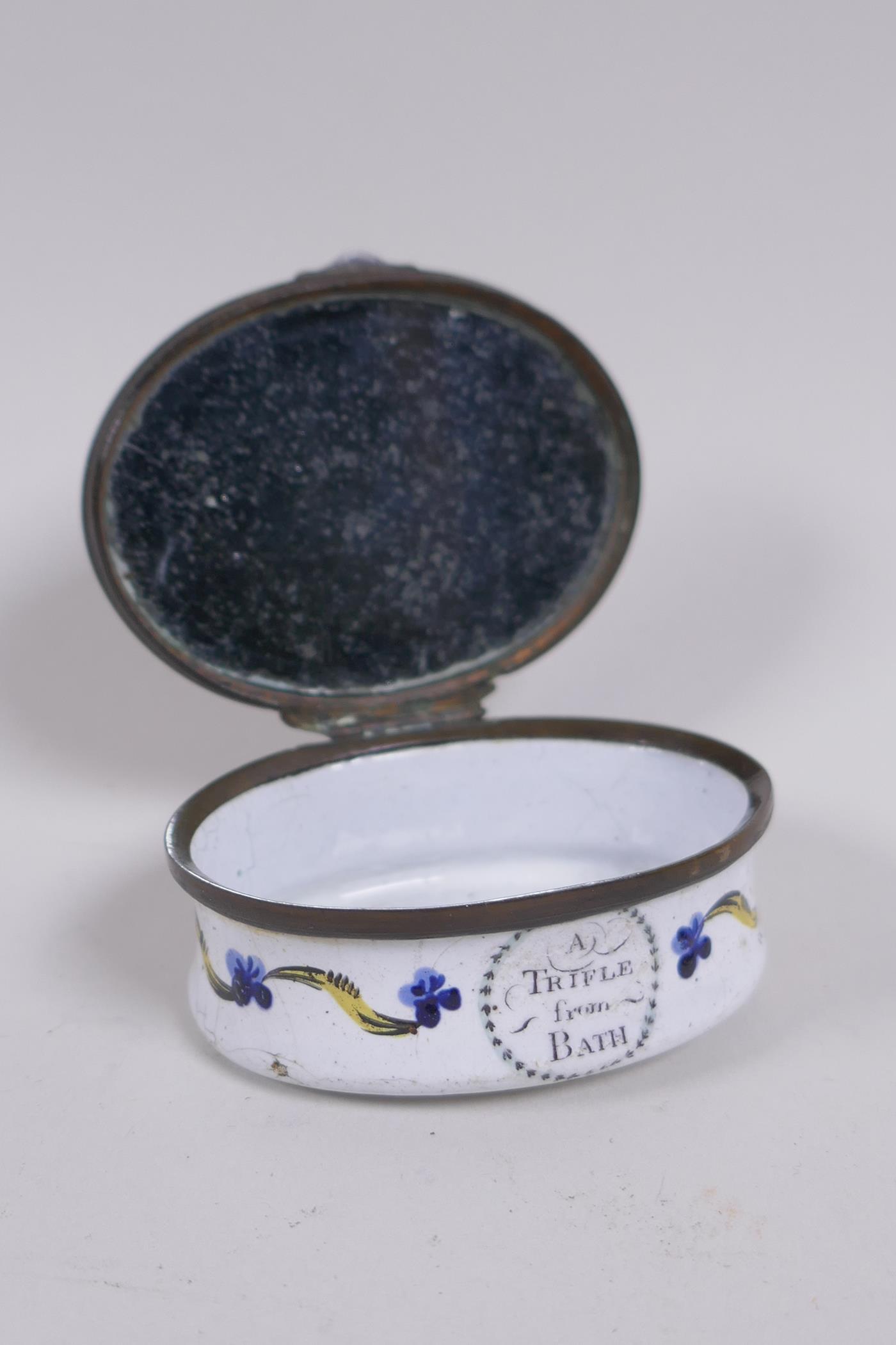 An C18th/C19th Bilston patch box, A Trifle from Bath, with enamel decoration of a pastoral scene, - Image 6 of 6