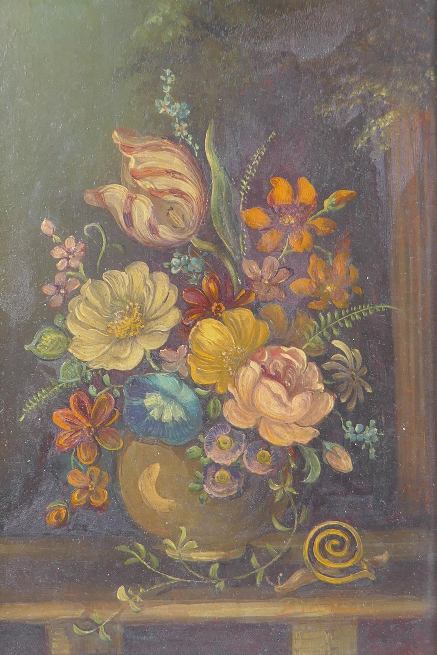 A C19th still life of flowers, oil on board, housed in an C18th carved pine frame, 22 x 34cm - Image 2 of 7