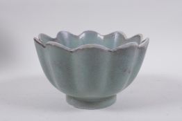 A Chinese Ru ware style porcelain flower shaped bowl, 17cm diameter