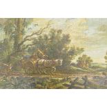 Landscape with figures in a horse and cart on a track, oil on canvas laid on board, signed V.