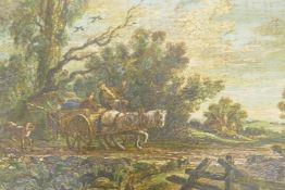 Landscape with figures in a horse and cart on a track, oil on canvas laid on board, signed V.