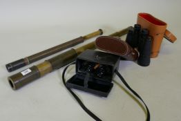 A C19th three draw brass telescope, 89cm extended, another single draw, Zenith field glasses No 5 in