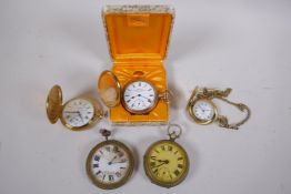 A collection of five pocket watches including a 10ct gold plated Invincible English lever by E.H.