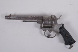 An antique Belgian six shot 10mm pin-fire revolver, c.1860, Liege proof mark to the barrel
