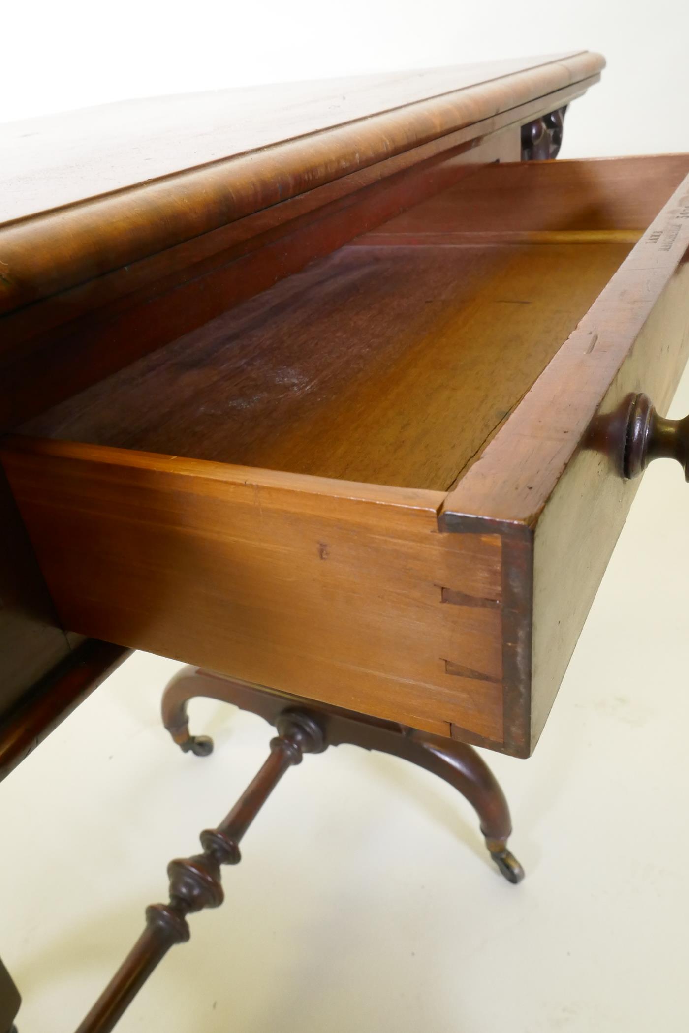 A C19th figured mahogany card table by Lamb of Manchester, with swivel and fold over top, baized - Image 5 of 11