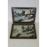 A pair of Japanese mixed media glass paintings depicting figures and dwellings by a river, and Mount