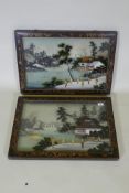 A pair of Japanese mixed media glass paintings depicting figures and dwellings by a river, and Mount
