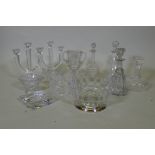 A pair of Nachtmann three branch crystal glass candelabra, 28cm high, crystal glass bowls,