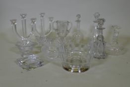 A pair of Nachtmann three branch crystal glass candelabra, 28cm high, crystal glass bowls,