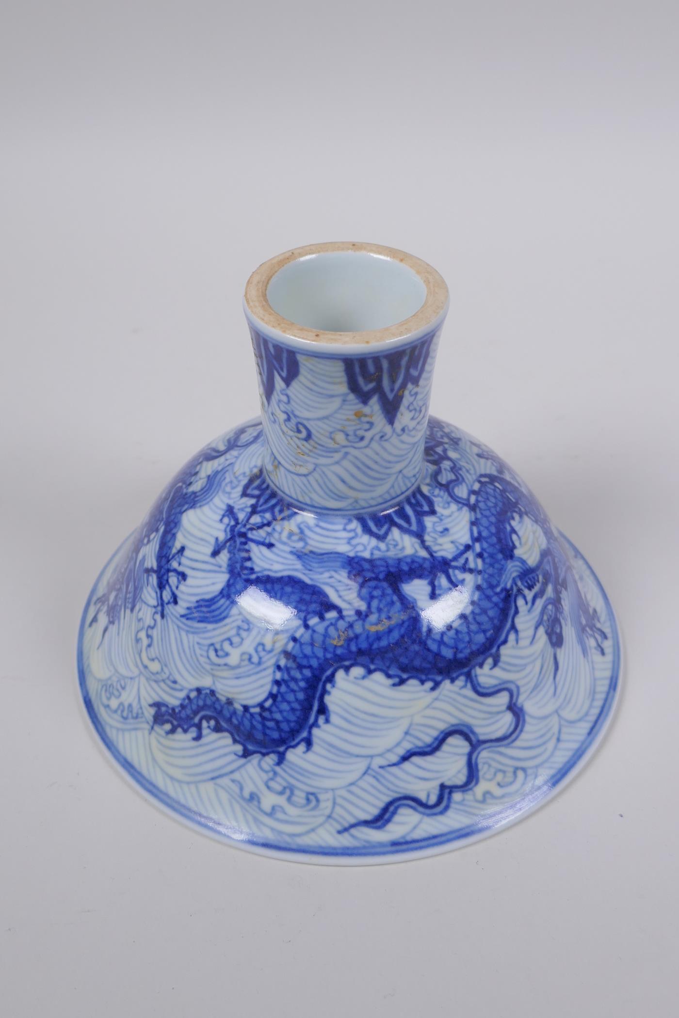 A blue and white porcelain stem bowl with dragon decoration, Chinese Xuande 6 character mark to - Image 6 of 6