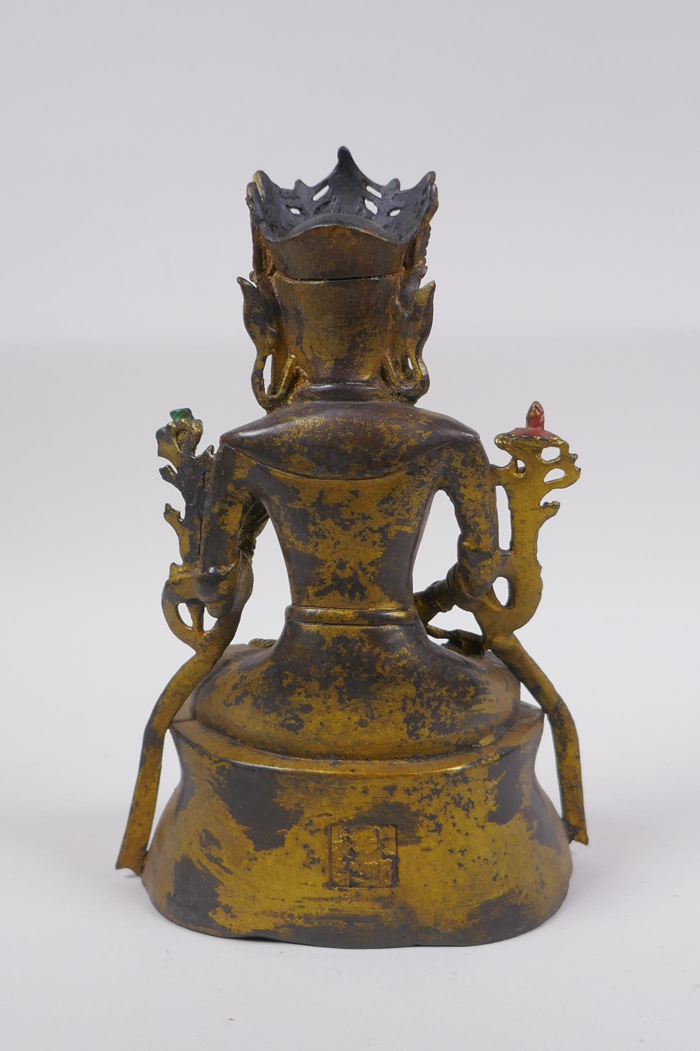 A Chinese gilt bronze figure of Buddha seated in meditation, impressed 4 character mark verso, - Image 3 of 5