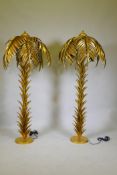 A pair of gilt metal floor lamps in the form of palm trees, 160cm high