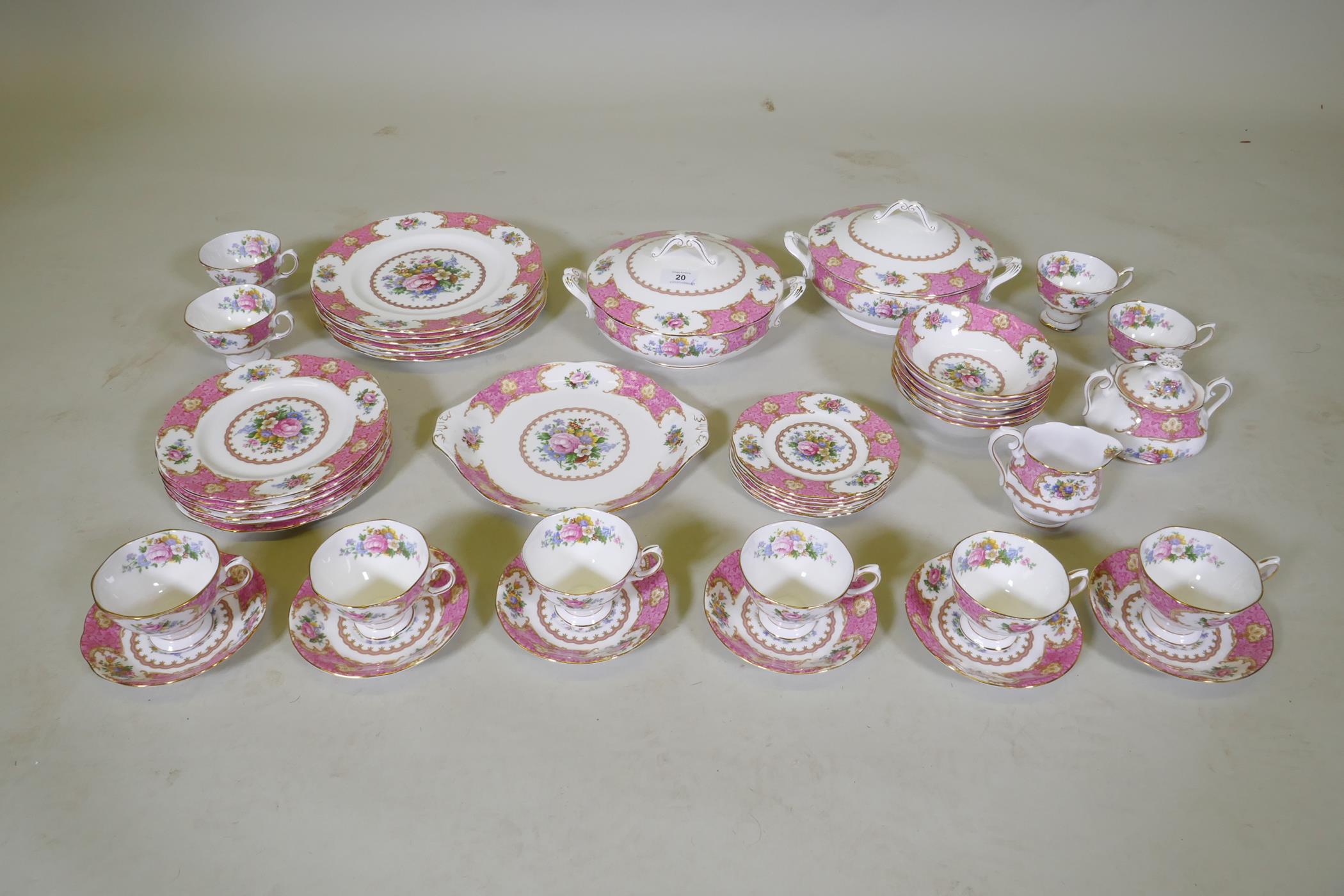 A Royal Albert Lady Carlyle six place dinner and tea service, including tea cups and saucers, cake