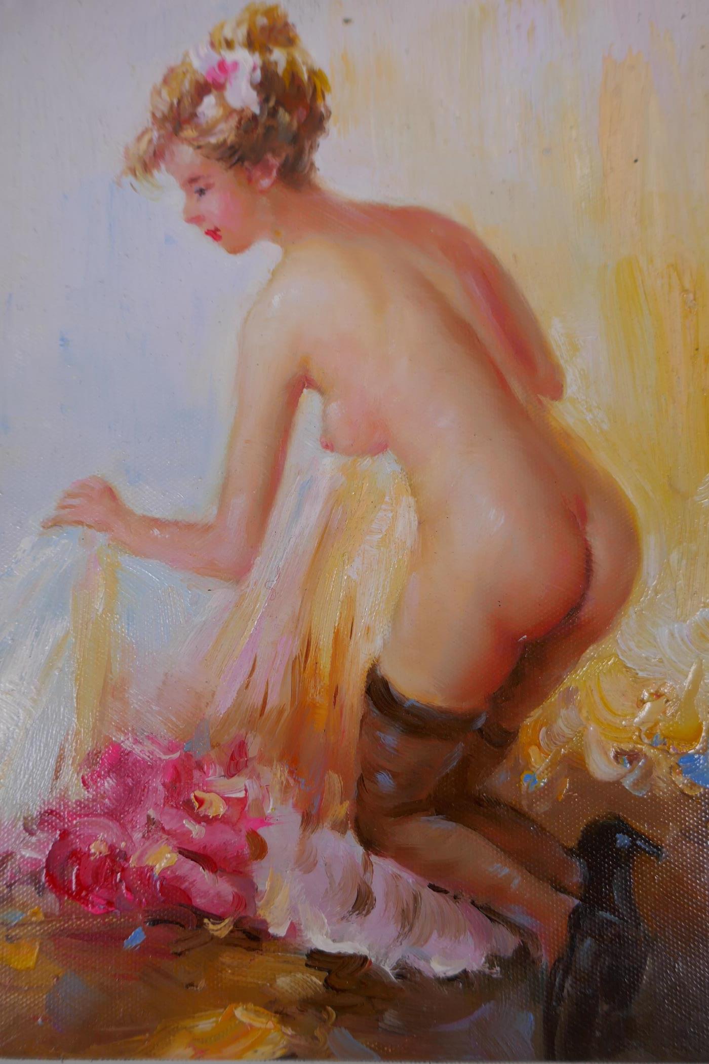 A female figure study, indistinctly inscribed verso, unframed oil on canvas, 25 x 20cm